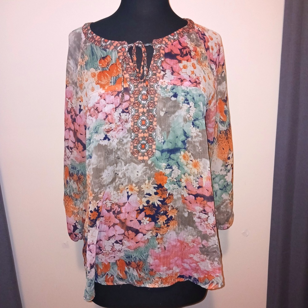 Figueroa & Flower Boho Cottagecore Sheer XL Floral Lace Back Peasant Blouse top